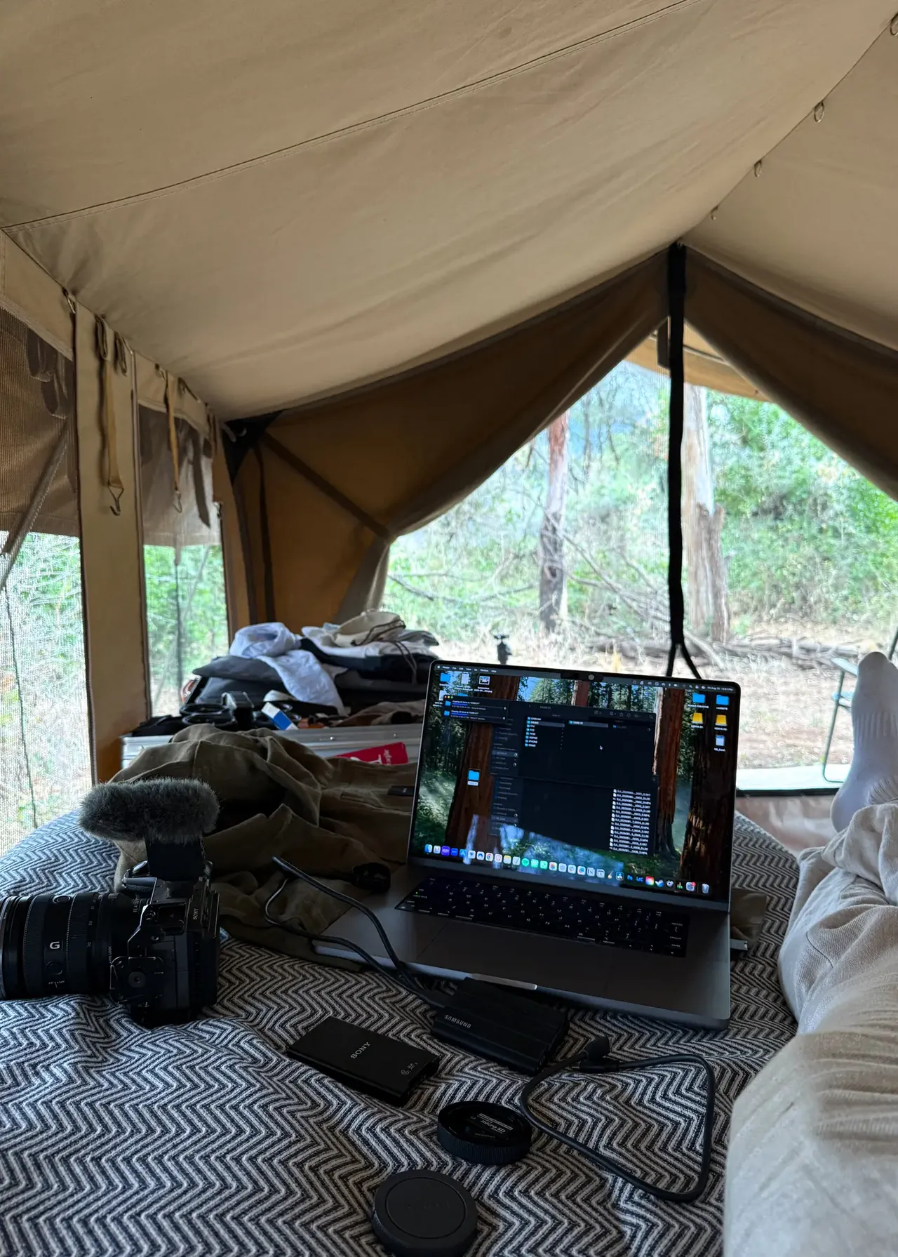 Editing workstation inside a safari tent
